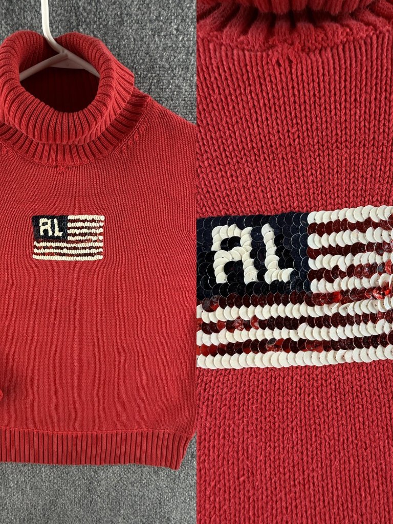 Polo Ralph Lauren Jeans Flag Sweater “Rl” Red Knit Turtleneck Size Small Cotton